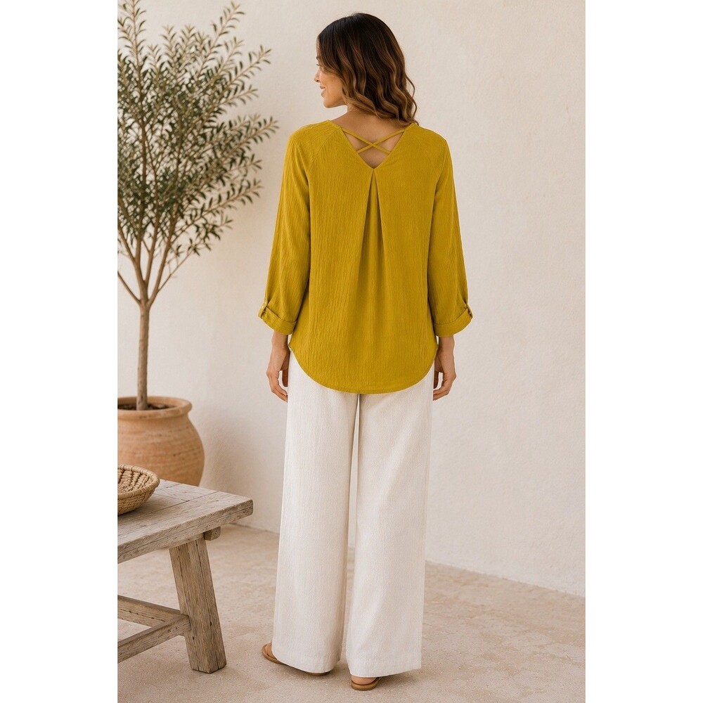 Alythea M Mustard Gold Crinkle Wrap Blouse High Low Boho Rayon Top - Picture 13 of 13